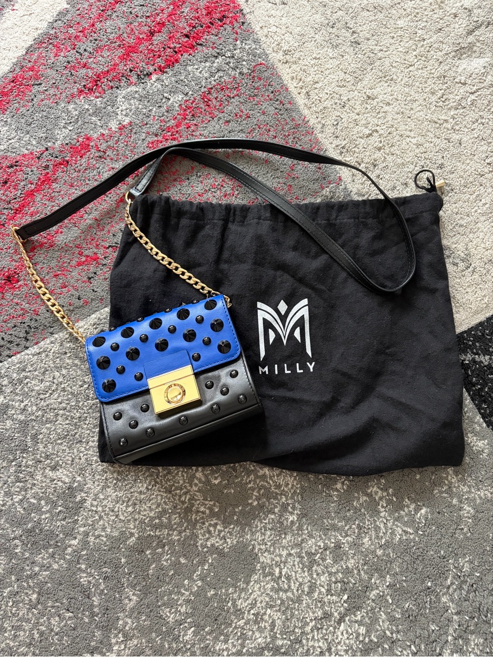 Milly Blue and Black Studded Crossbody with Gold Chain
